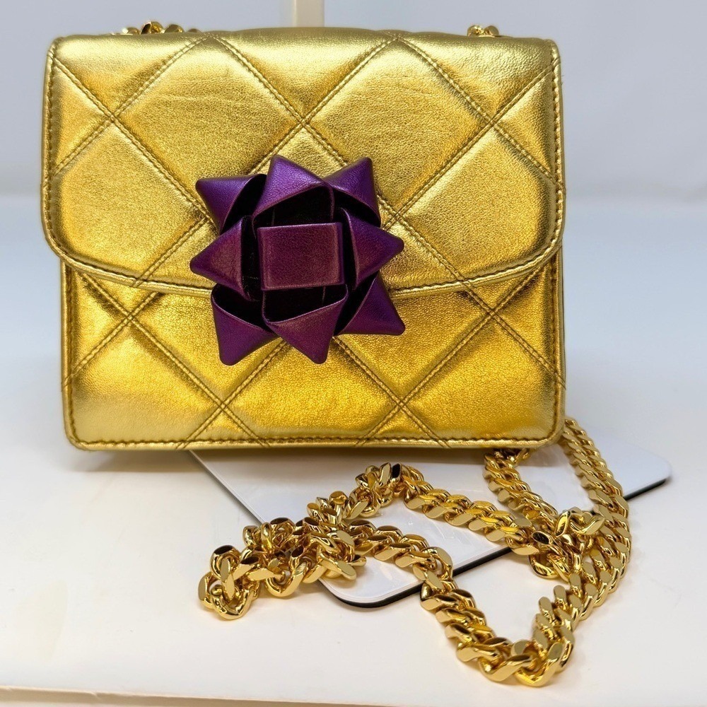 Marc Jacobs Rare Metallic Gold Quilted Leather Bow Mini Trouble Crossbody Bag - Picture 2 of 16